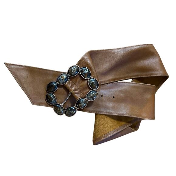 Vtg Carmel Color Leather Belt Embelished Marble Stone Buckle Wide S/M - Picture 1 of 6